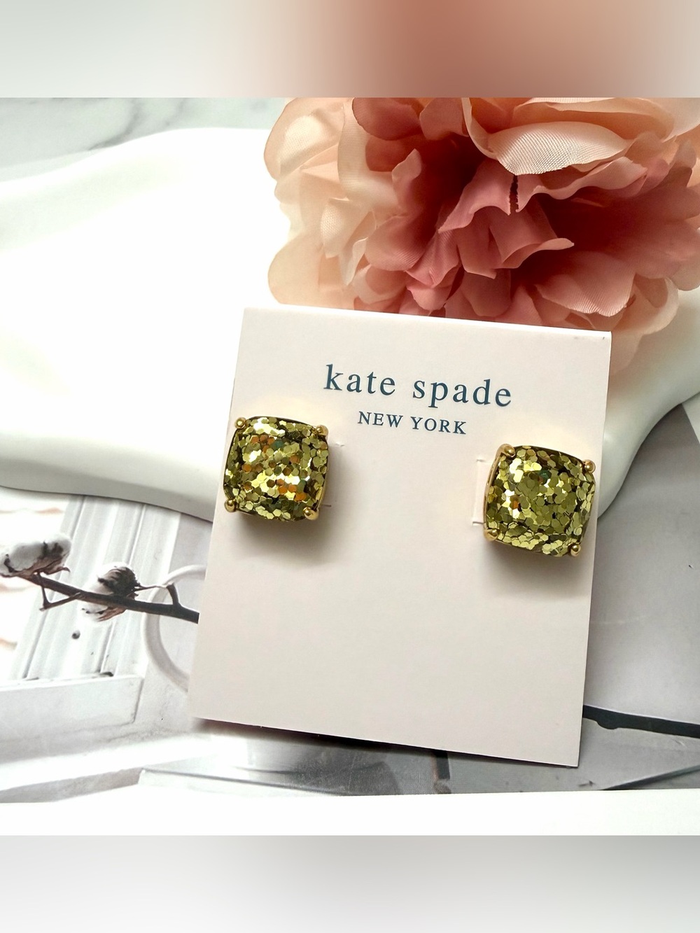 kate spade Glitter Square Stud Earrings in Gold